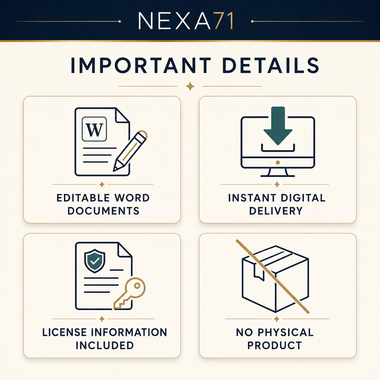 Important details: editable Word documents, instant digital delivery, license information, and no physical product