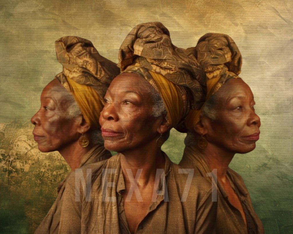 Image of an older black woman. She is adorned in a headwrap and posed in three poses. Each face represents something different. Knowledge and wisdom. And understanding. There are hues of gold, brown, and emerald green.