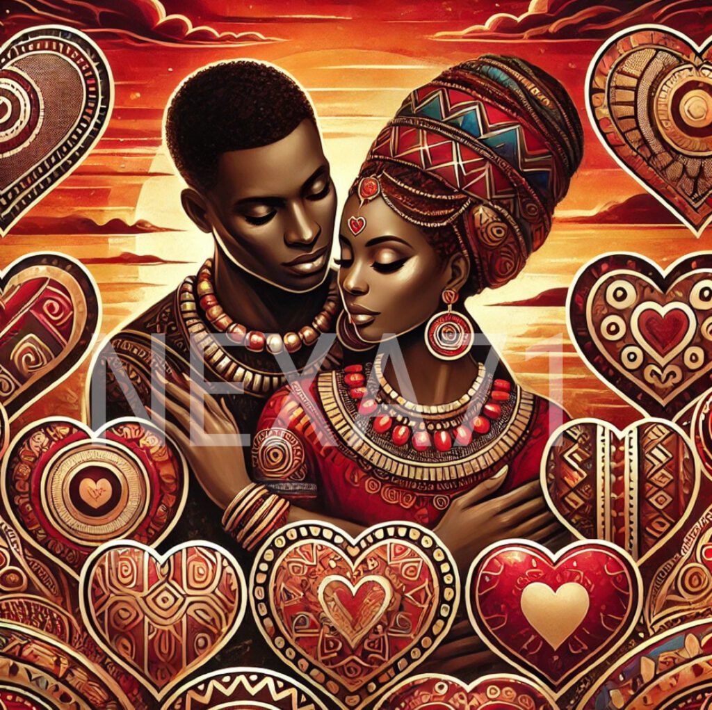 Black Love Valentine's Day Art – Romantic African American Couple with Heart Motifs and Cultural Elegance| JPG