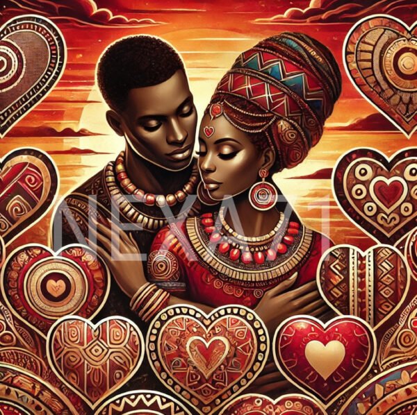Black Love Valentine's Day Art – Romantic African American Couple with Heart Motifs and Cultural Elegance| JPG
