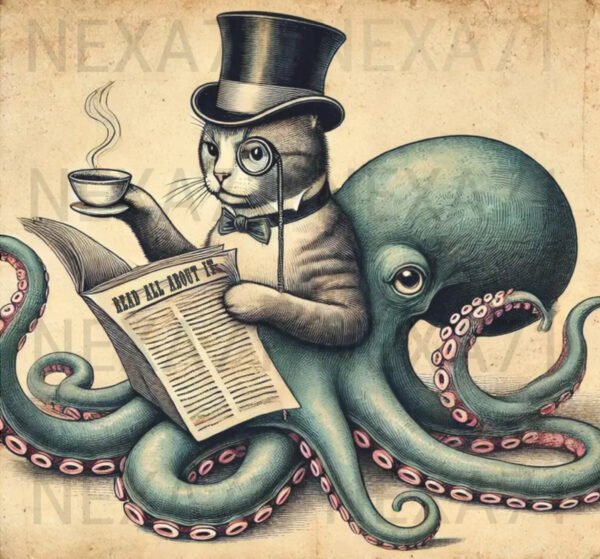 Dapper Cat & Octopus Vintage Illustration – Digital JPG