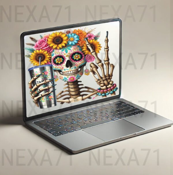 Colorful Skull with Flowers and Stanley Cup PNG Clipart for T-shirt Design, Sublimation and Wall Art - Instant Download - Image 5