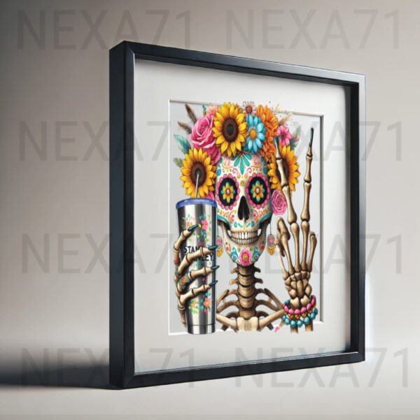 Colorful Skull with Flowers and Stanley Cup PNG Clipart for T-shirt Design, Sublimation and Wall Art - Instant Download - Image 6