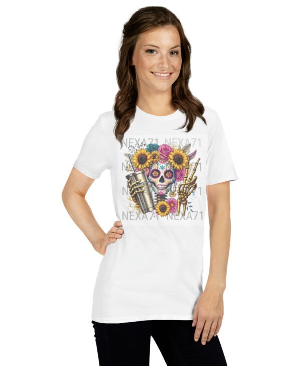 Floral Sugar Skull & Stanley Cup Tee – Boho Coffee Lover Shirt - Image 3