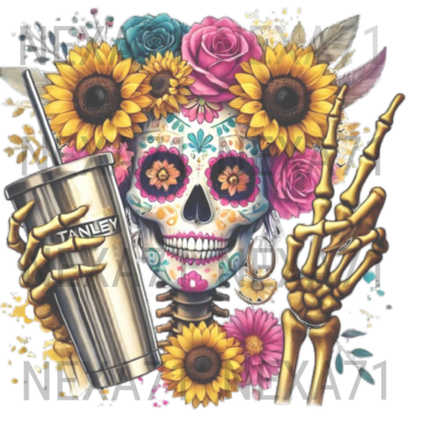 Floral Sugar Skull & Stanley Cup Tee – Boho Coffee Lover Shirt - Image 5