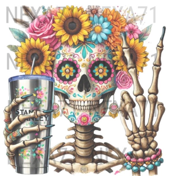 Colorful Skull with Flowers and Stanley Cup PNG Clipart for T-shirt Design, Sublimation and Wall Art - Instant Download