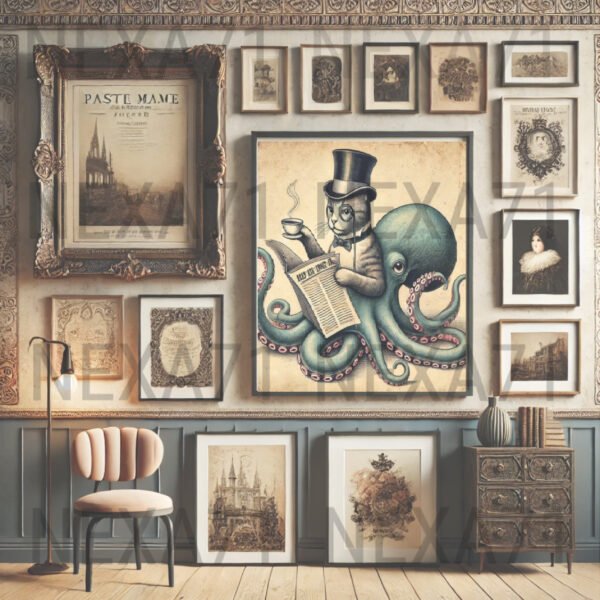 Dapper Cat & Octopus Vintage Illustration – Digital JPG - Image 6