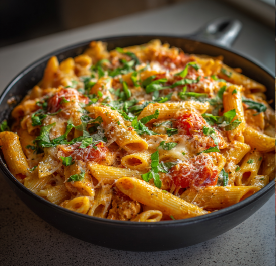 cheesy one pot pasta with penne pasta.