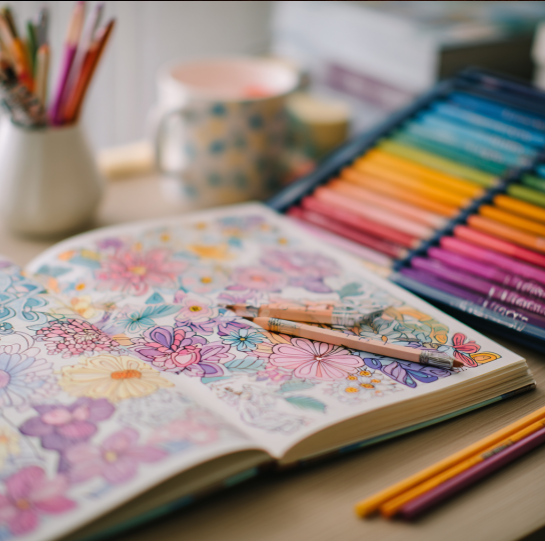 Open coloring book with pages in warm, diverse tones symbolizing creativity.