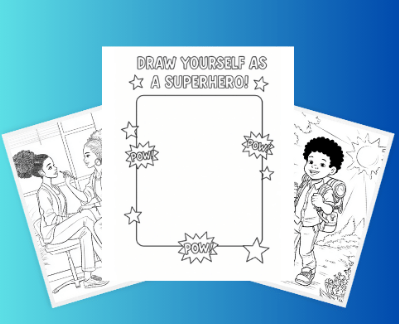 Sample pages from Brave, Brown & Brilliant: An Affirmation Coloring Book featuring positive illustrations of diverse children and a superhero prompt.