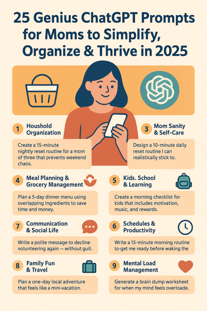 A picture of a woman looking at her phone. She is surrounded by text with prompts for ChatGPT to simply her life.